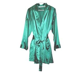 Victoria's Secret Womens Robe One Size Green Silk Satin Kimono With Pockets